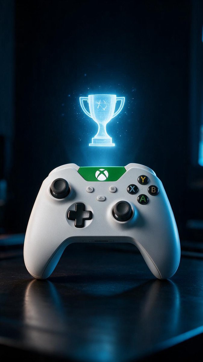 White Xbox controller on a desk with a holographic trophy icon floating above it
