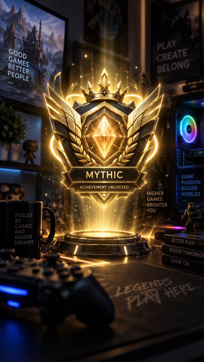 Golden mythic achievement badge bursting with celebratory light in a dark gamer room