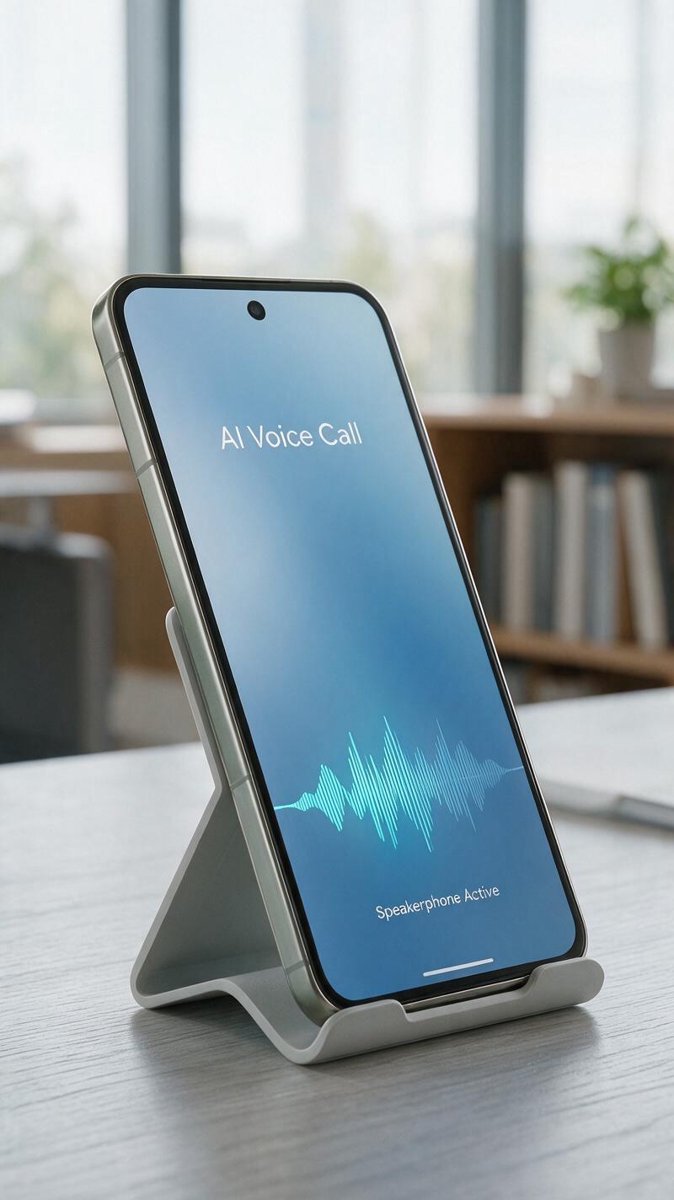 A phone on speaker mid-call with an AI waveform on screen