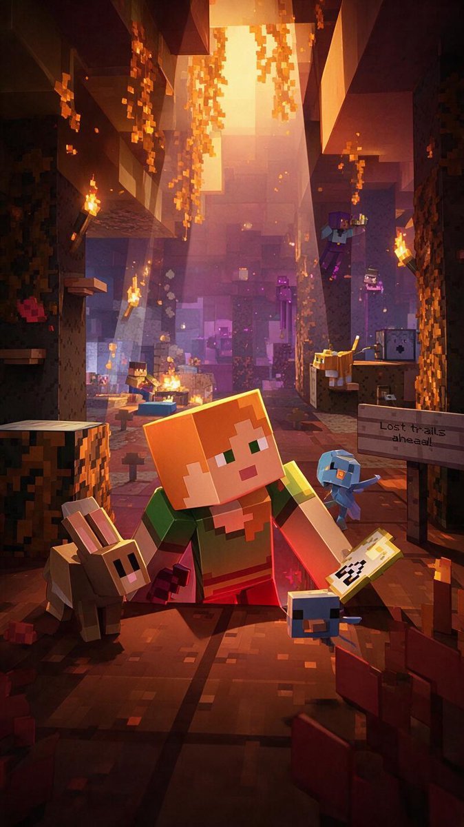 Alex, an allay and a rabbit explore the warm orange-toned Sift dimension in Minecraft's new key art, a creeper lurking in the background