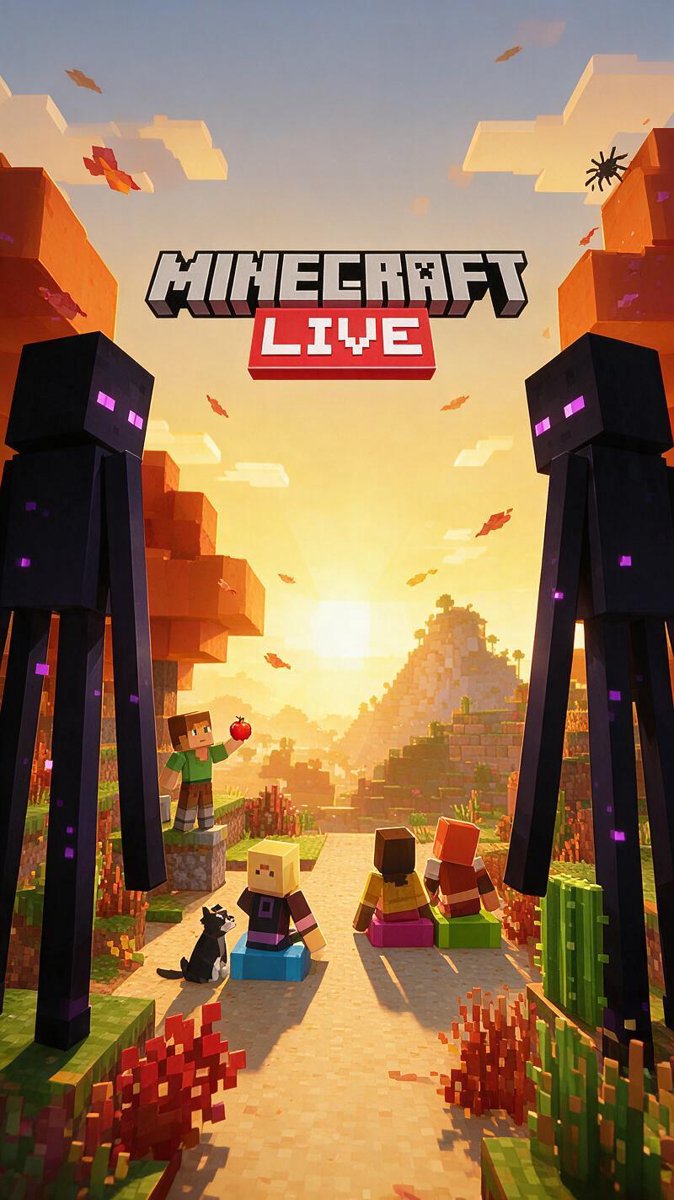 Minecraft LIVE September 2026 event key art — characters and a cat on a sunset path framed by endermen