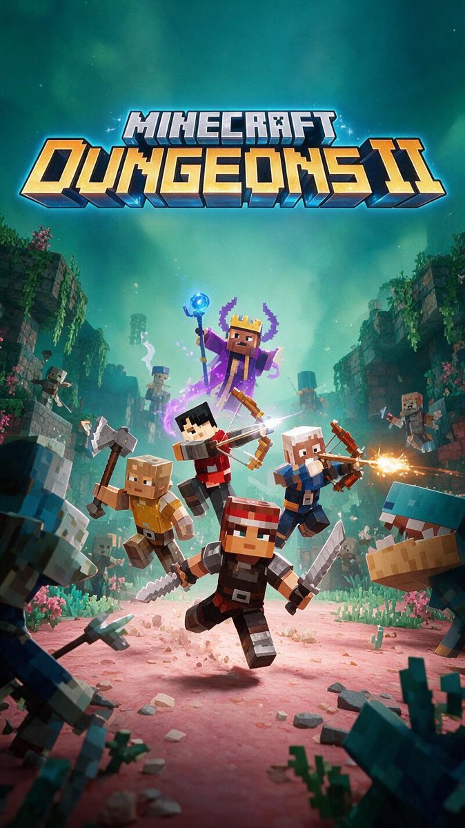 Minecraft Dungeons II key art — heroes battling sniffer, drowned and skeletons as the crossover reaches the main game