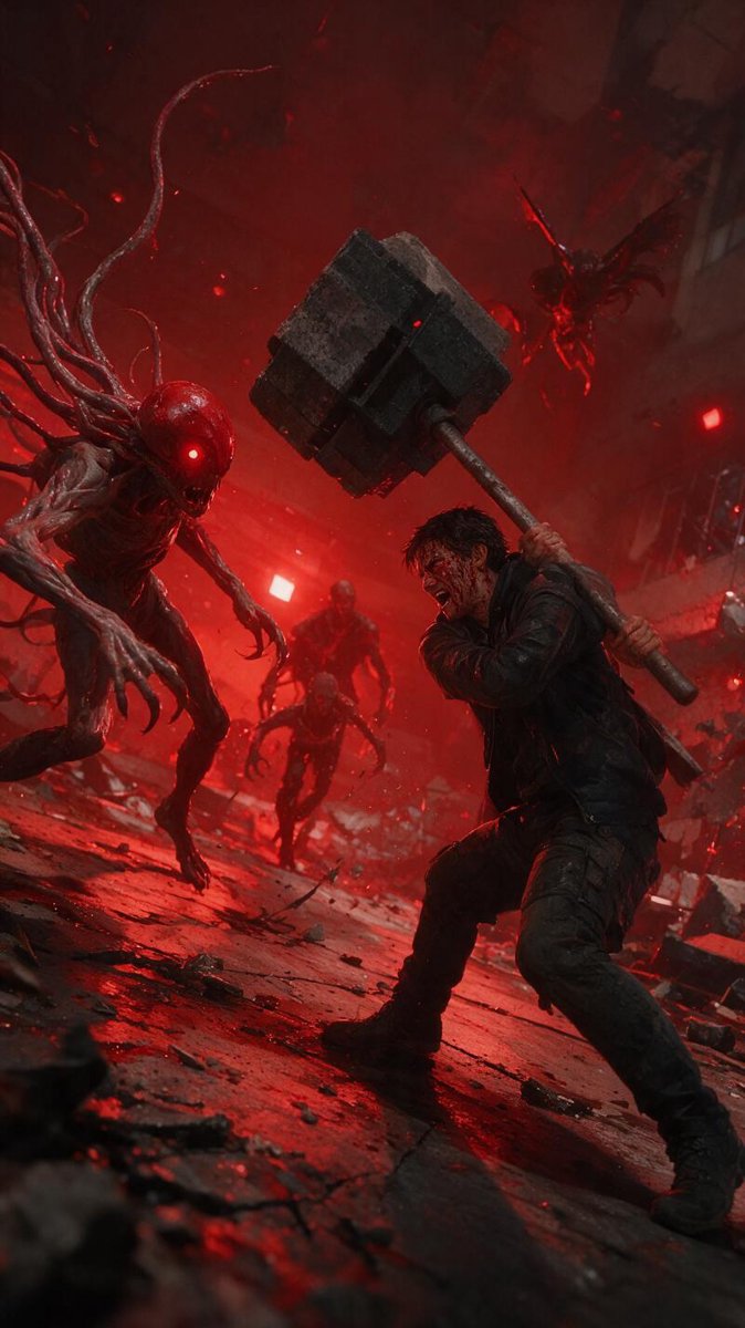 Red-lit combat scene: a protagonist swings a massive concrete hammer at grotesque creatures in a ruined interior — Control Resonant day-one footage