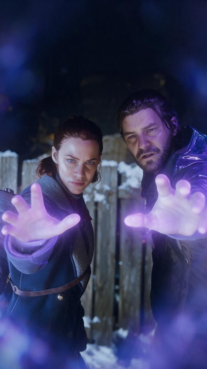 Dark cinematic art: two figures reaching toward the camera with glowing purple telekinetic hands — Control Resonant character art