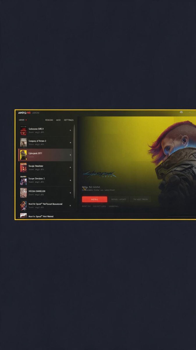 The AMD NR Launcher utility listing detected games with Cyberpunk 2077 highlighted