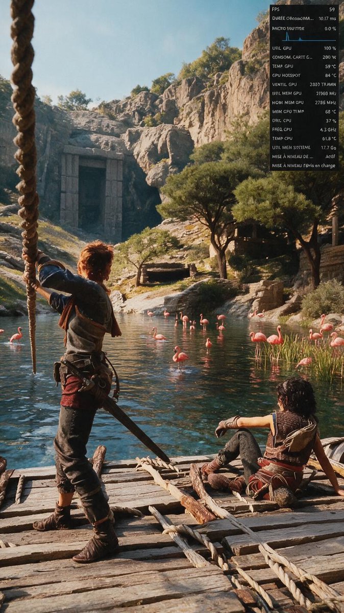 Gameplay benchmark on Radeon with monitoring overlay showing frame rate and graphics card stats