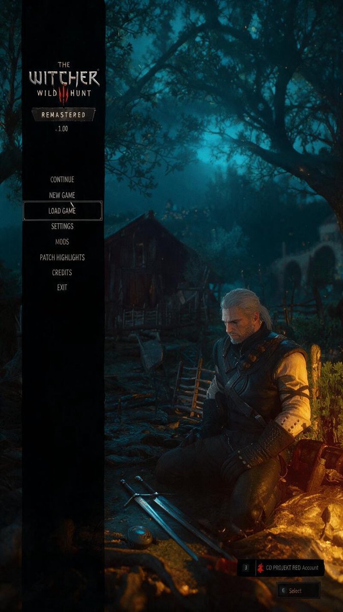 The remaster's main menu running on Switch 2 — version 1.00, campfire crackling, wallet 47GB lighter