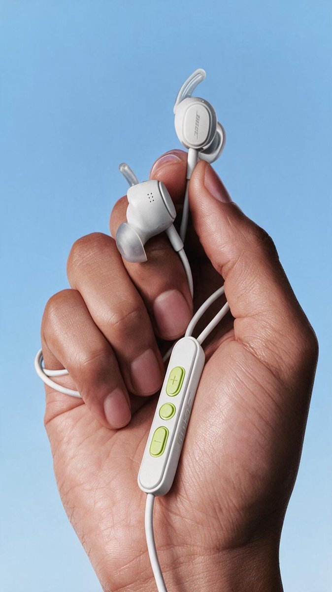 Hand holding white Bose wired earbuds up against a pale blue sky