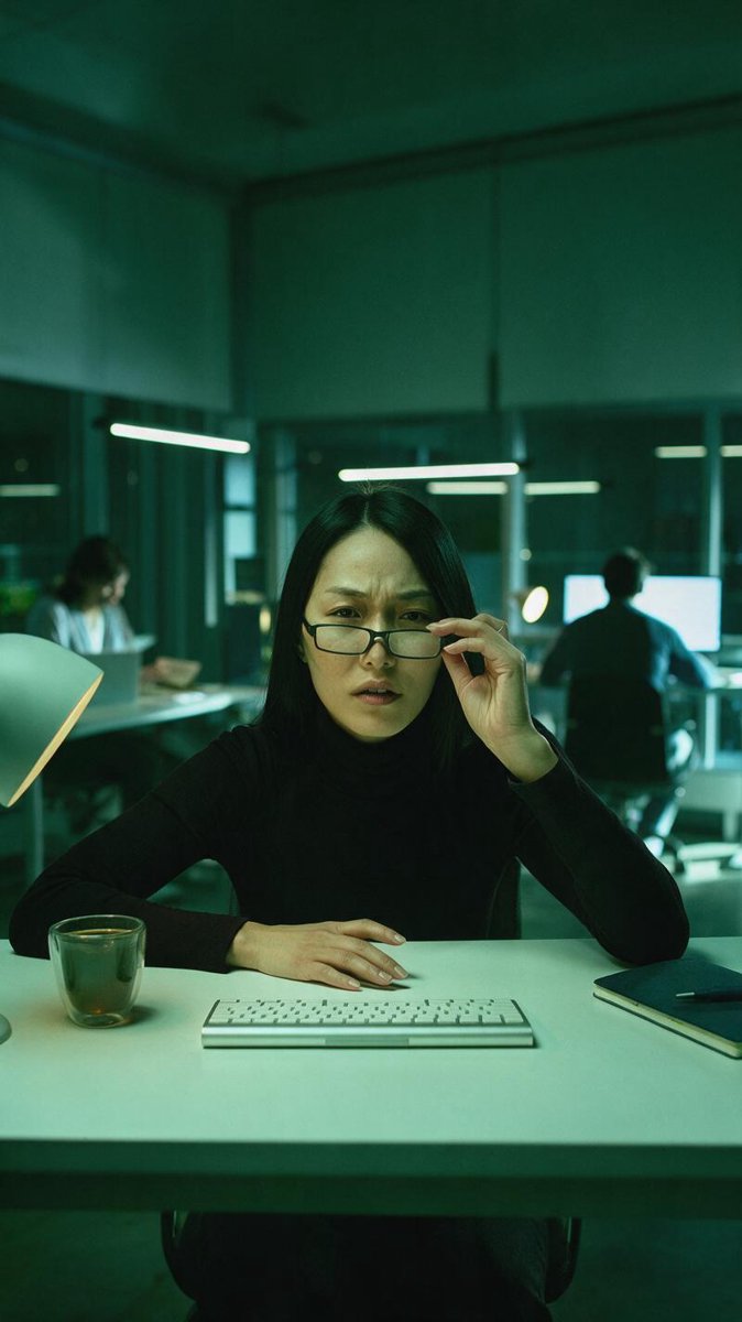 Woman adjusting her glasses at a dim, green-tinted office desk with colleagues at monitors behind her
