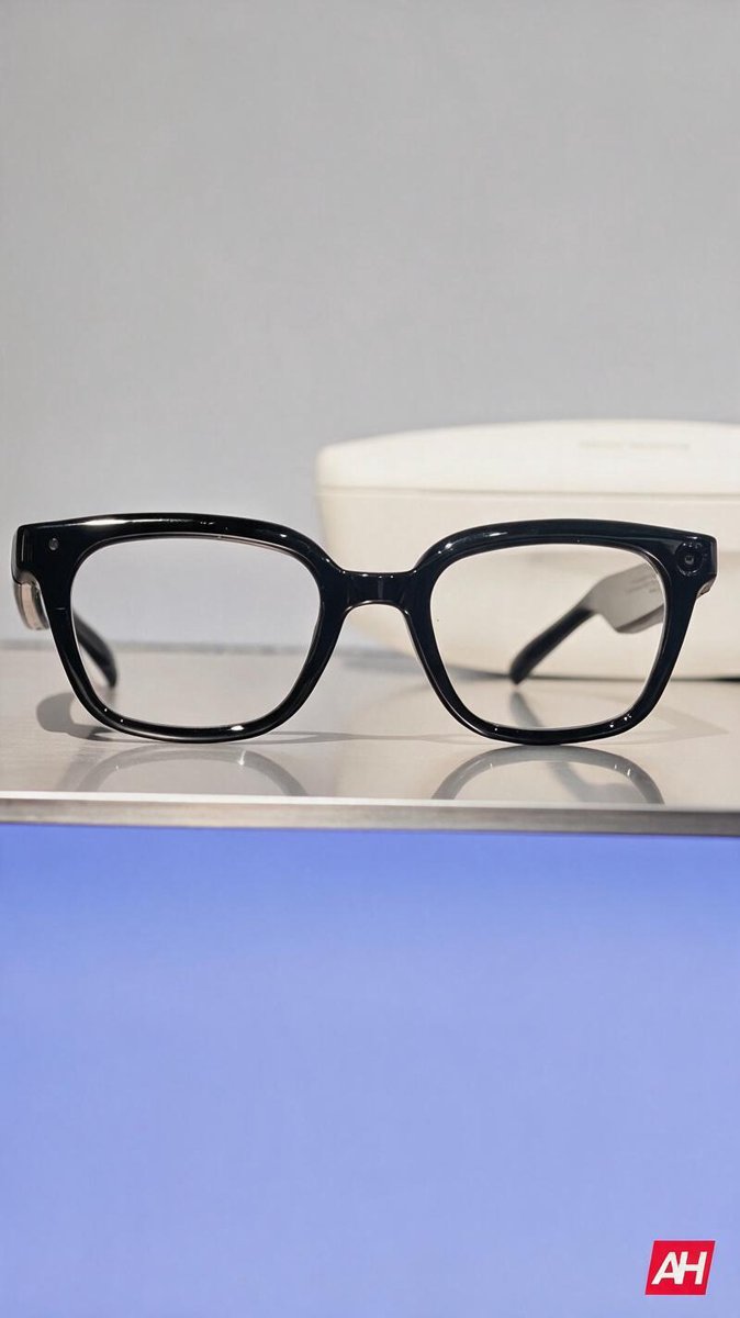 Samsung's AI smart glasses on a display shelf with the charging case behind