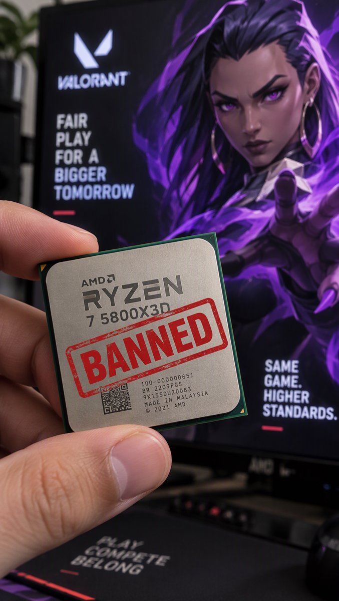 Hand holding a Ryzen CPU stamped BANNED next to Valorant artwork — the exact trap one eBay buyer walked into
