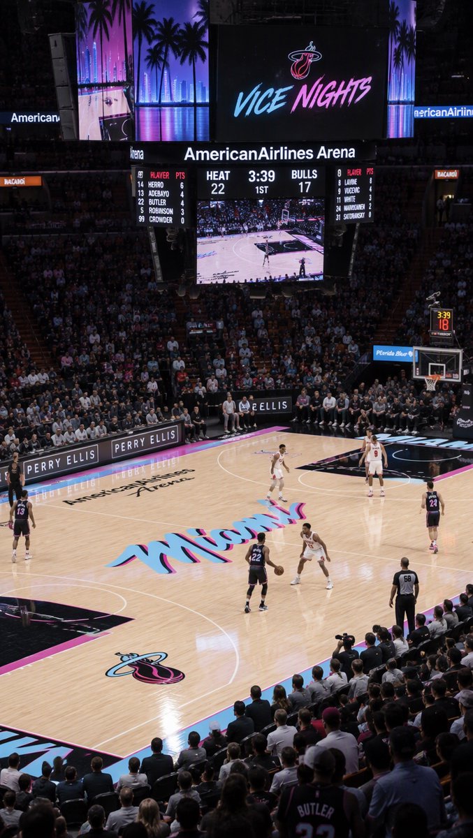 Center court, pastel script, palm-tree sidelines — this is a real NBA floor, not a screenshot. Rockstar's aesthetic has officially left the game.
