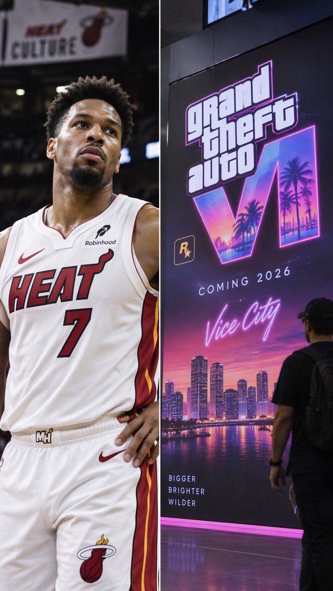 A Heat star in front of GTA 6 art — the crossover runs from the court all the way to the culture