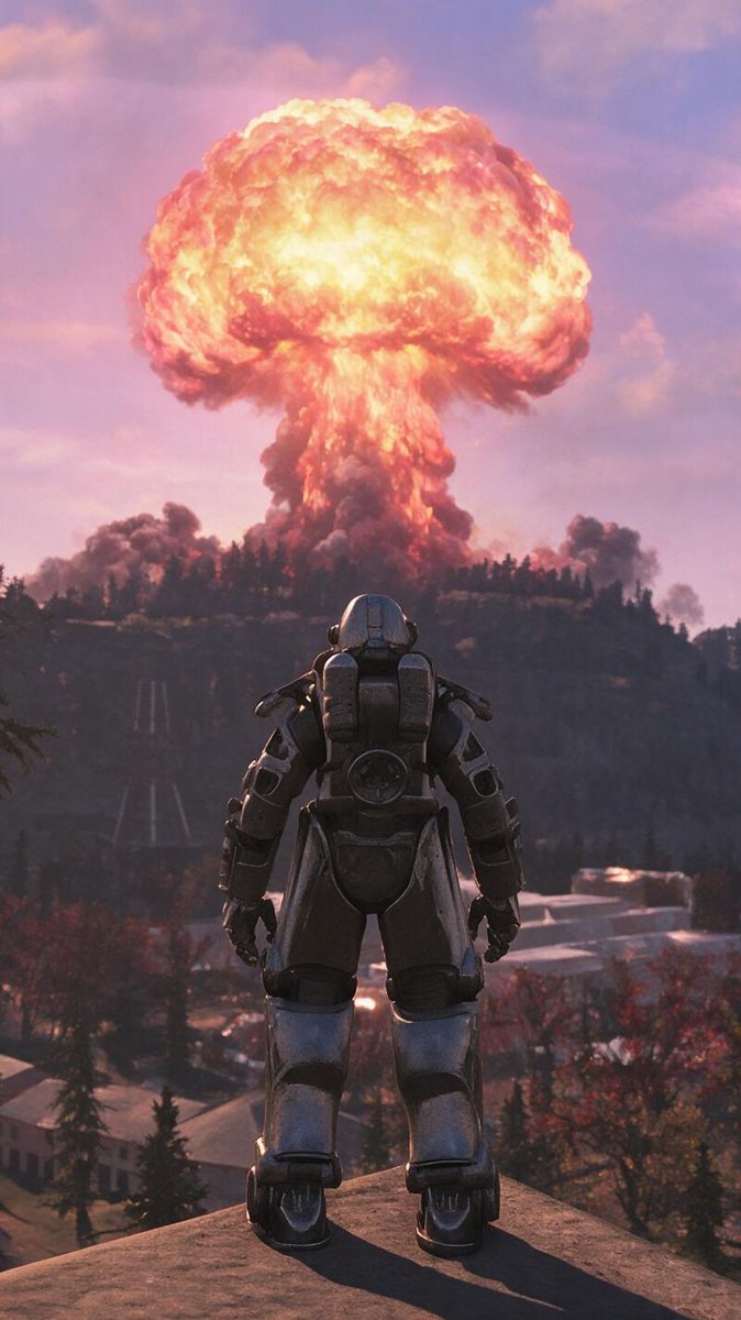 AI-built Fallout fan project vista — power armor overlooking a nuke detonation over a valley