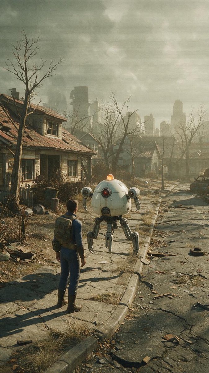 Mr. Handy robot facing the player in a ruined Fallout neighborhood