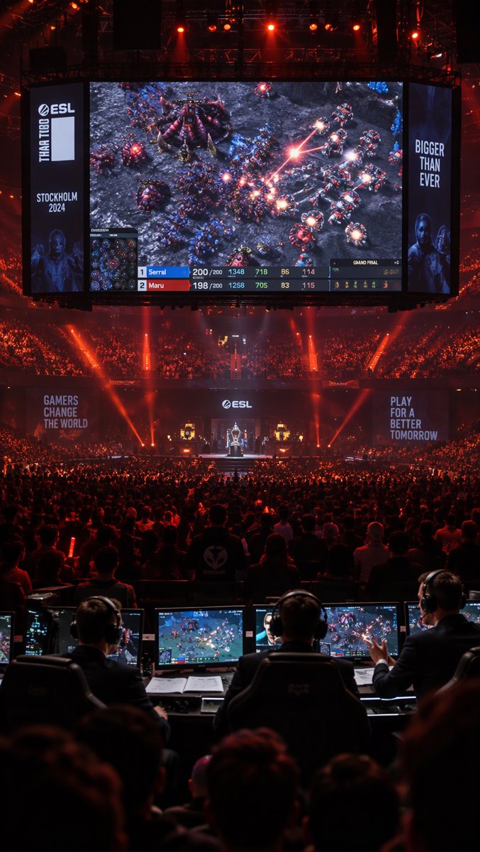 StarSkirmish arena — AI-written Protoss armies clashing on the big screen during the tournament