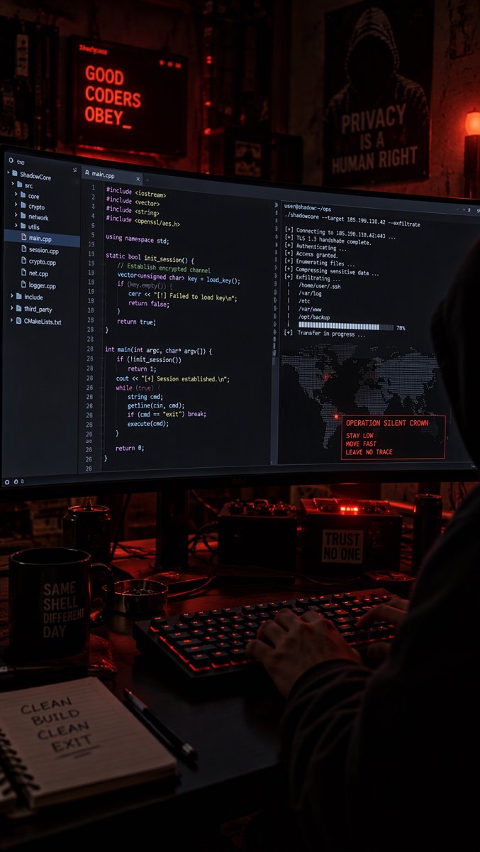 Dark developer desk with scrolling C++ code — where the stolen bot got downloaded