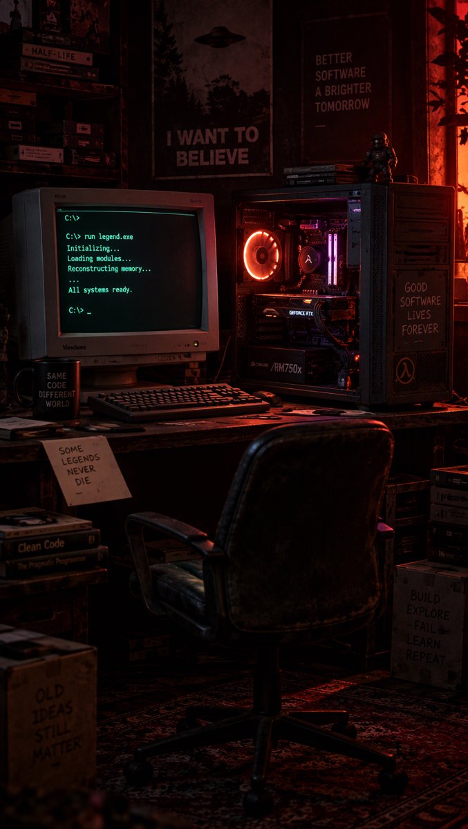 A retired 2020-era PC rig glowing in the dark — home of the legendary Stardust bot's code