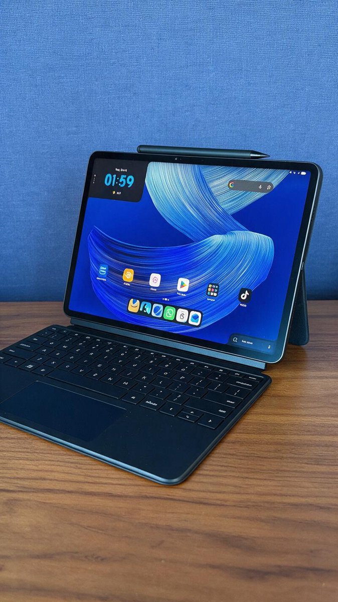 The Alexa Tablet 12 Pro with keyboard case and stylus on a desk