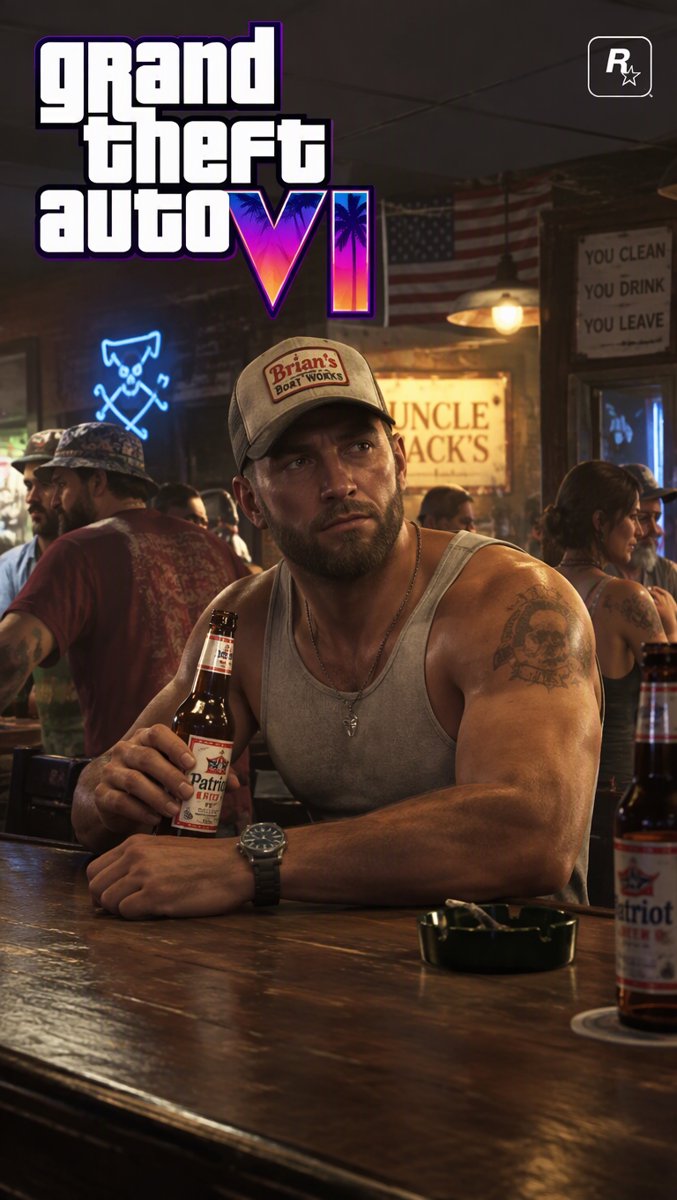 GTA 6 key art of Jason in a trucker cap sitting at a neon dive bar