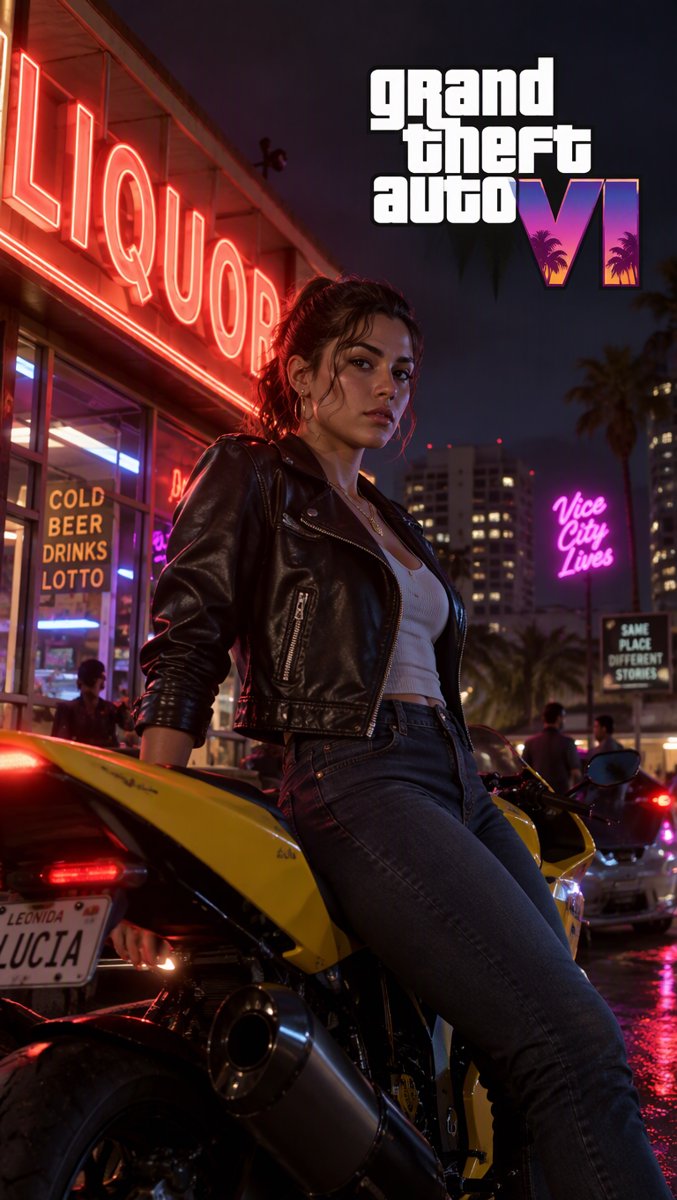 GTA 6 artwork of Lucia in a leather jacket leaning on a yellow sports bike outside a neon-lit bar