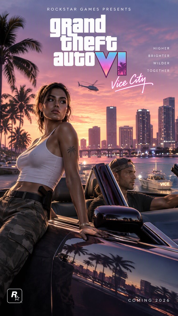 GTA 6 key art of Lucia leaning on a convertible with the Vice City skyline behind