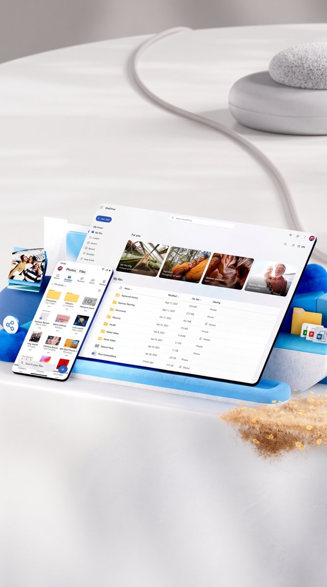 OneDrive interface on tablet and phone — the cloud storage getting cut