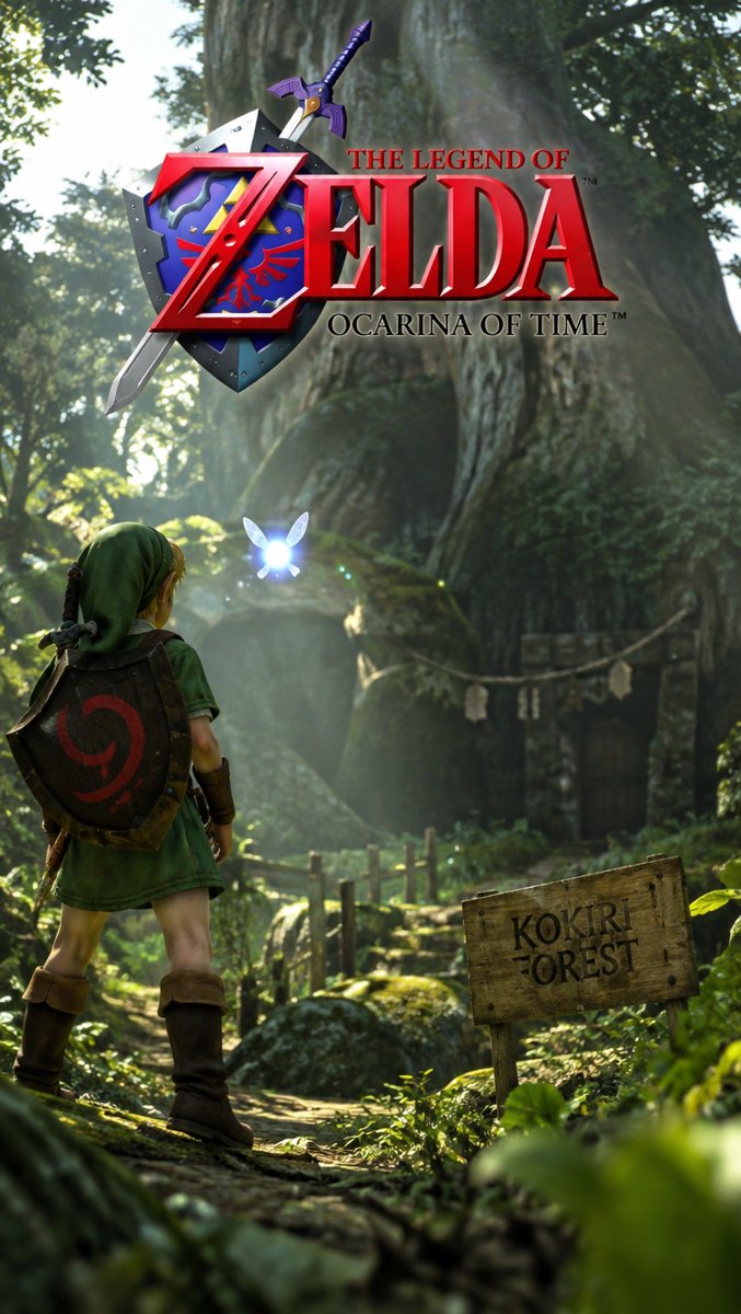 Link standing in Kokiri Forest with the Ocarina of Time logo — the remake launches the same night