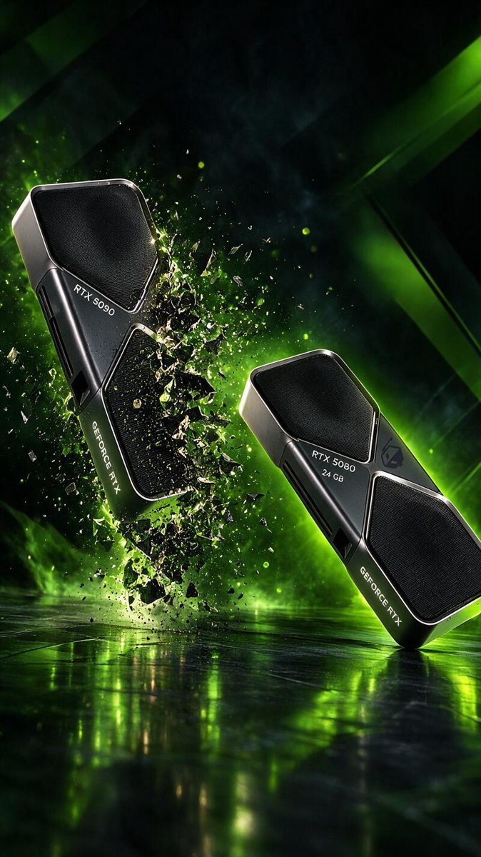 Concept render of an RTX 5090 shattering beside an RTX 5080 24GB — the reported end of NVIDIA's gaming flagship