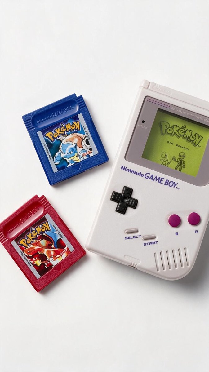 Top-down shot of the jukebox flanked by miniature Pokémon Red and Blue cartridges on white — thirty years of chiptune in one flat-lay