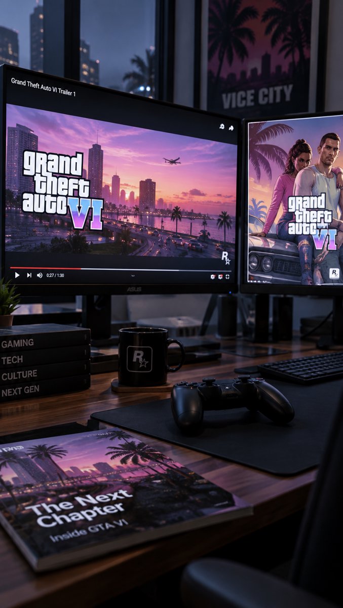 A gaming desk with dual monitors showing GTA 6 footage and a gamepad on the desk