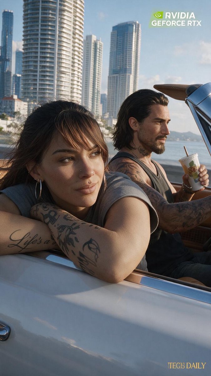 Lucia and Jason riding in a convertible at sunset, GTA 6 cinematic shot