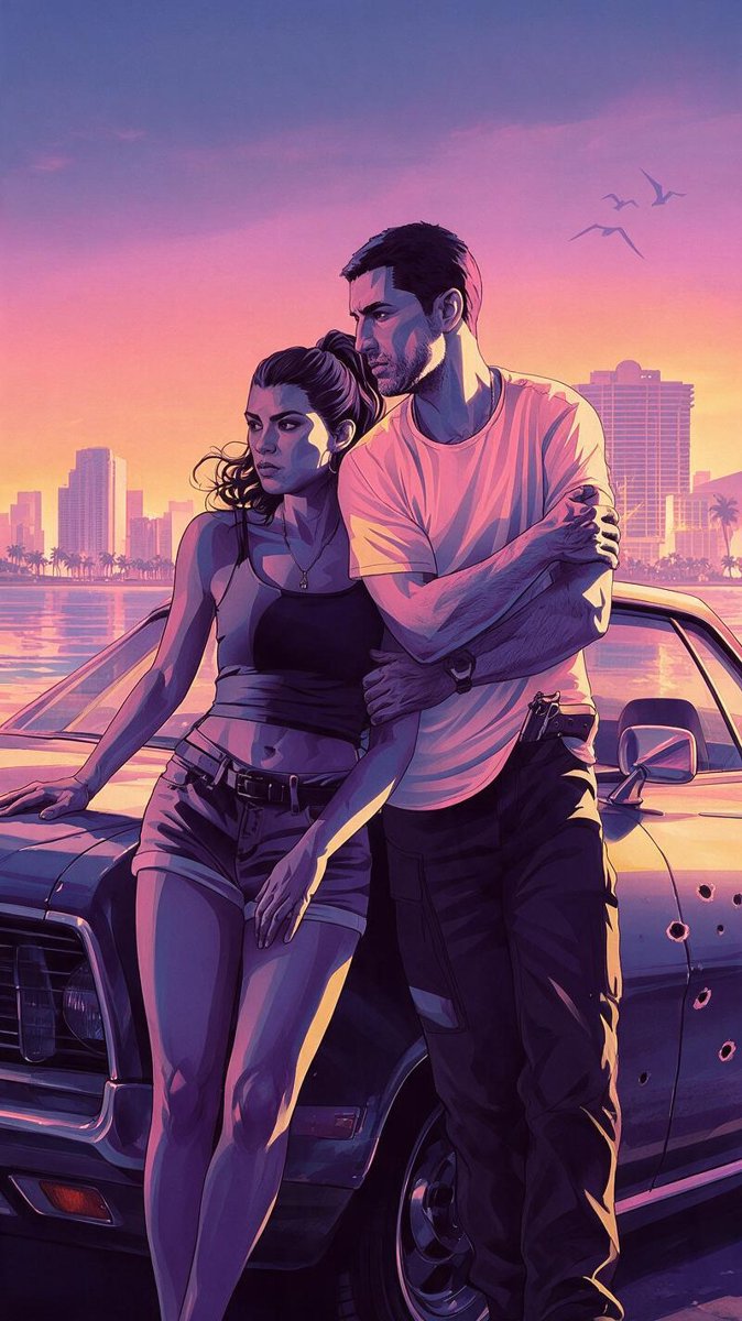 GTA 6 artwork of the two leads leaning against a car in a Vice City sunset