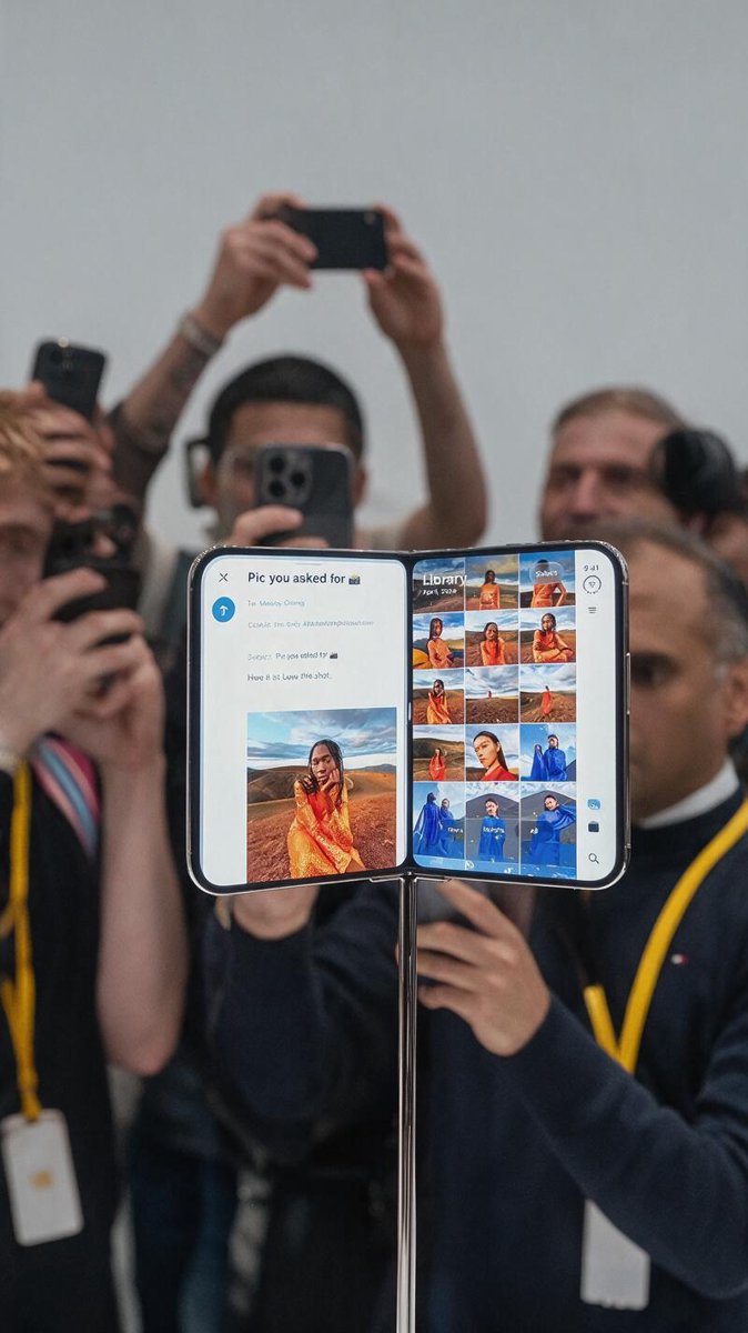 Crowds of photographers and fans surrounding an open foldable on a launch-day display stand