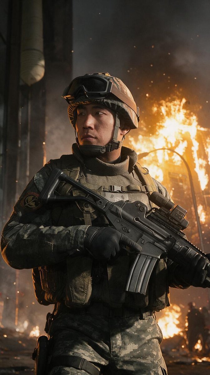 Modern Warfare 4 soldier with a rifle in front of a burning building