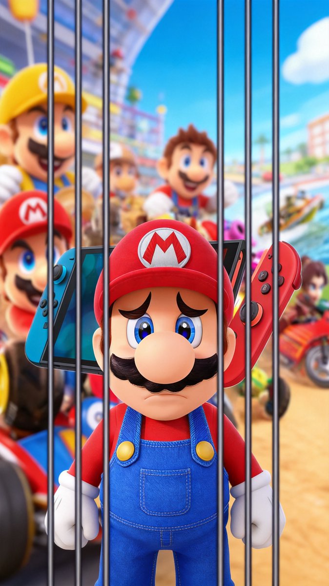 Mario locked behind jail bars next to a Switch console