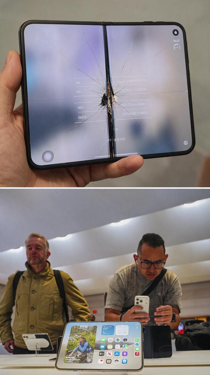 Cracked inner displays along the hinge, collage of launch-day reports