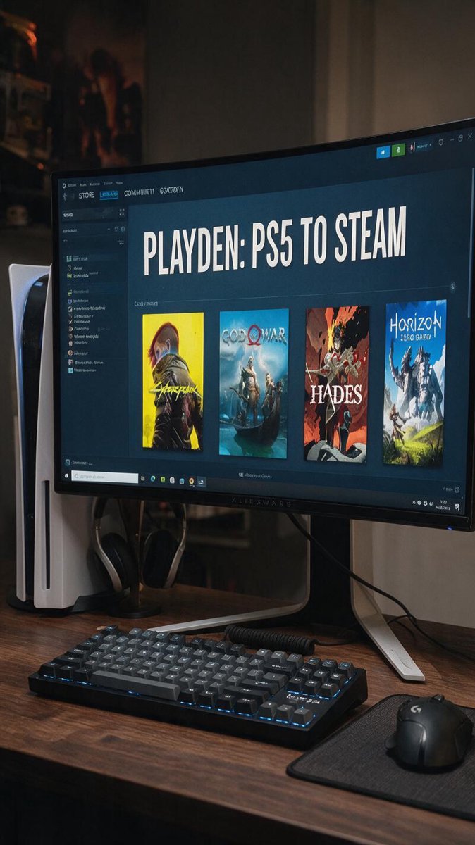 A PS5 on a desk beside a monitor running the Playden Steam library interface