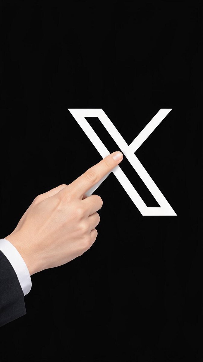 A hand pointing directly at a white X logo on a black background