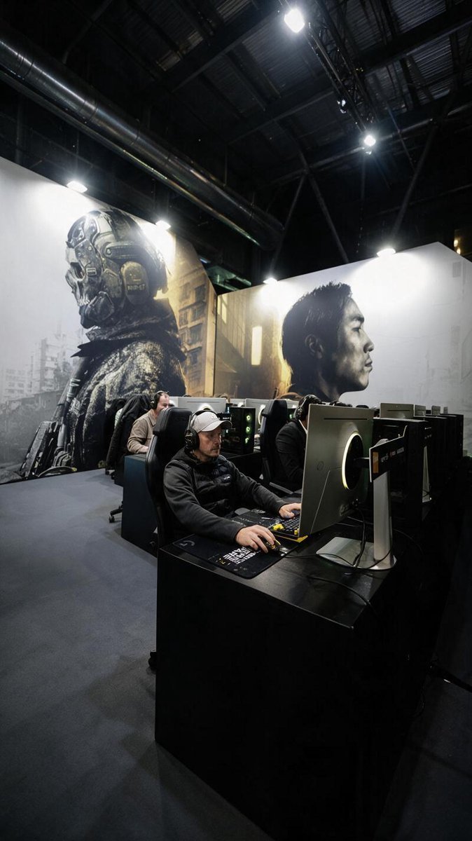 Crowd playing games at PC stations during an expo in Seoul — Modern Warfare 4 topping charts