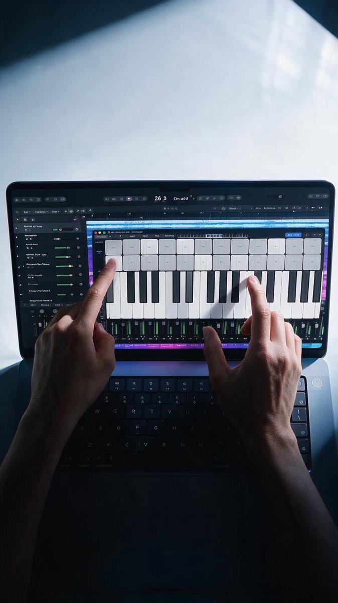 Fingers playing a virtual piano app on the touchscreen MacBook Pro's glass — the whole reason this laptop exists