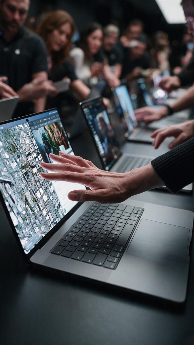 A hand reaching toward the touchscreen MacBook at a launch event — low-angle shot along the laptop body