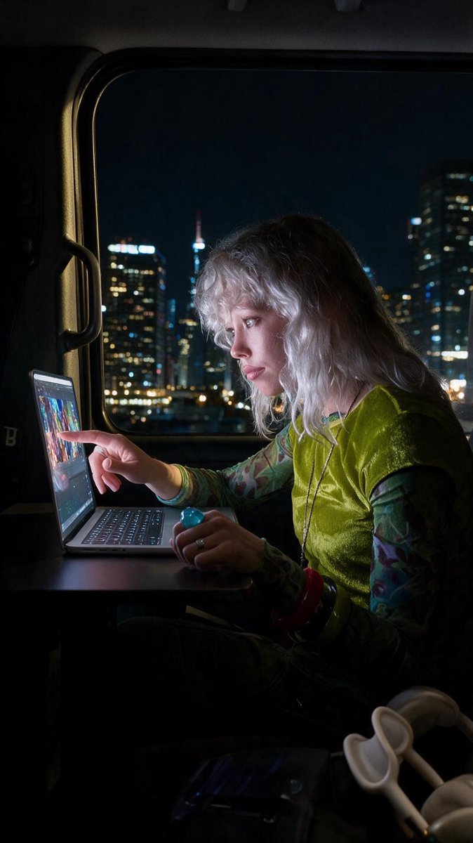 A person touching a laptop screen inside a car at night, city lights behind — one of Apple's own press images for the new machine