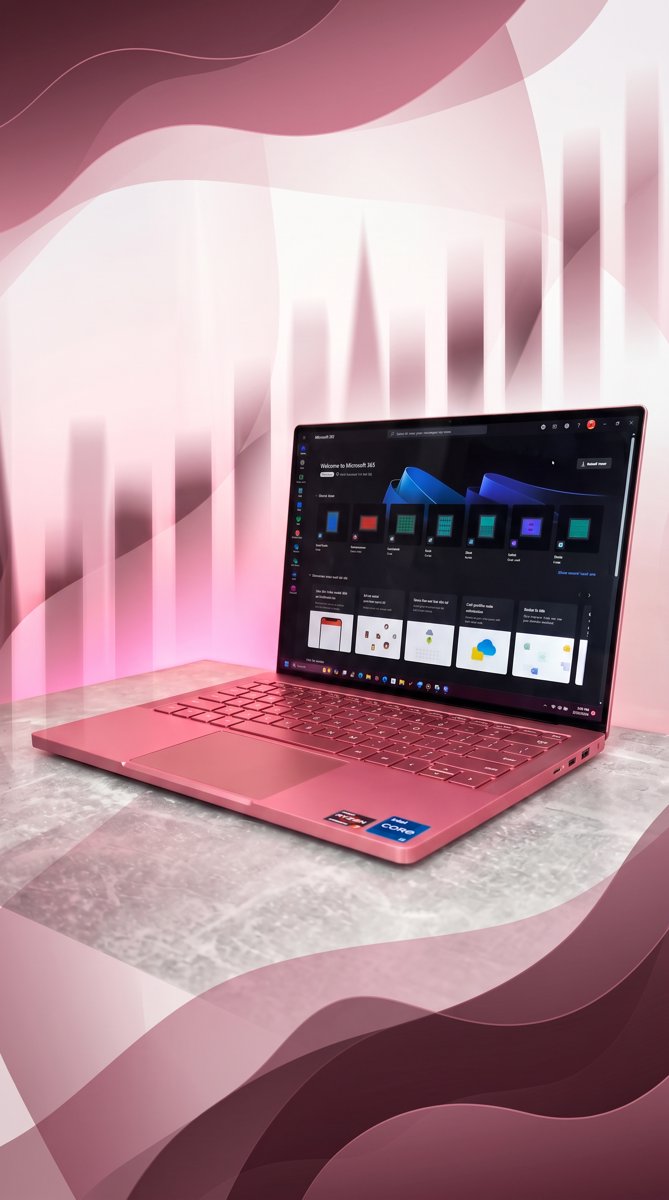 Pink Surface laptop showing the Microsoft 365 dashboard