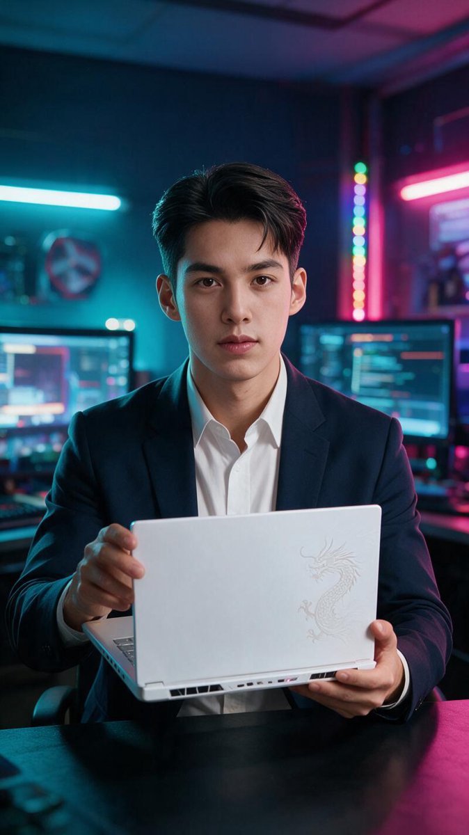 Leo 片尾主持卡 — 手持白色魔龍姬電競筆電