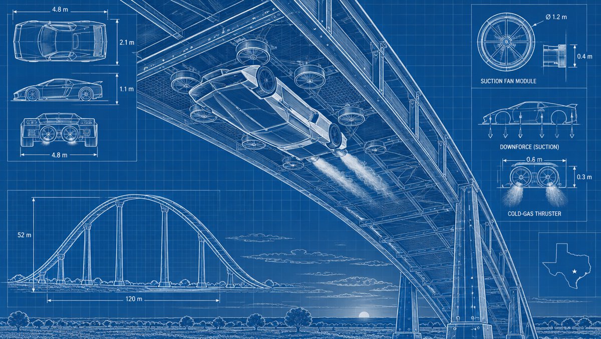 Concept illustration of a white wedge-shaped sports car driving upside down along the inside of a giant arched ramp, held on by suction fans with white thruster vapor trailing from its rear, under a Texas evening sky