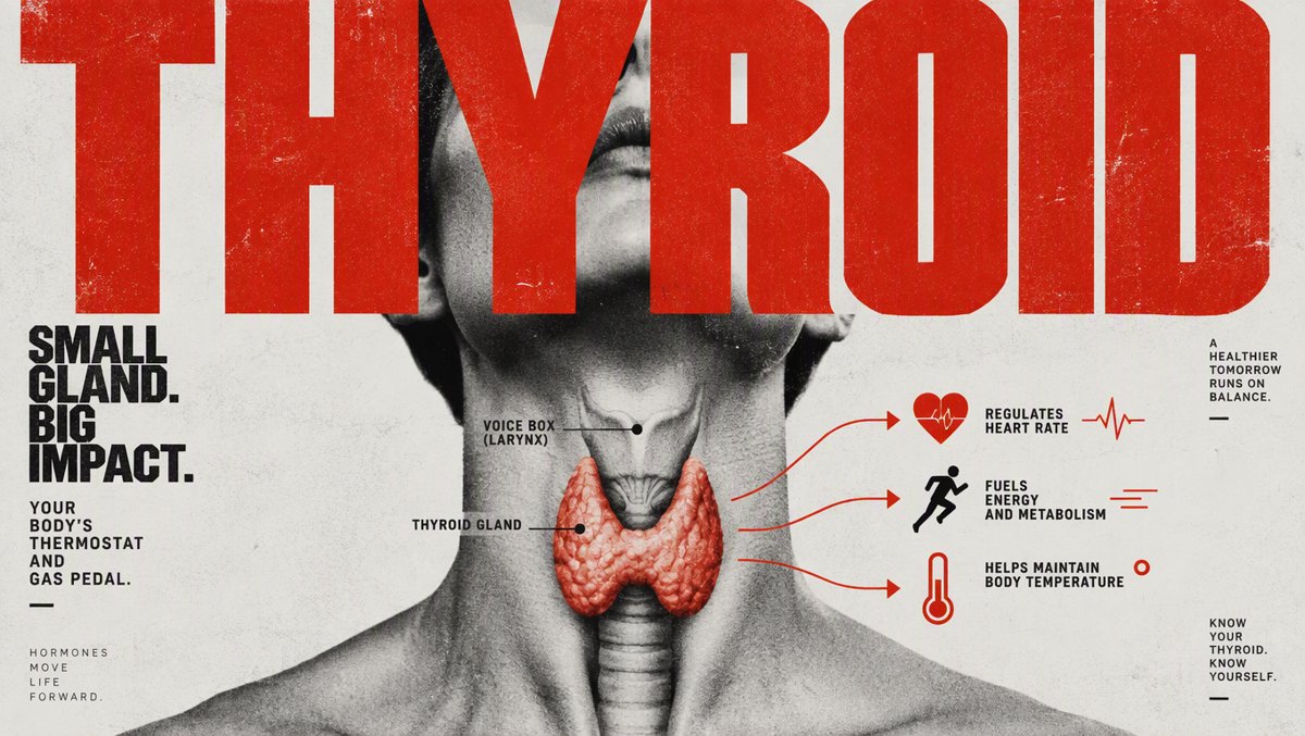 Educational illustration of the butterfly-shaped thyroid gland acting as the body's thermostat and gas pedal