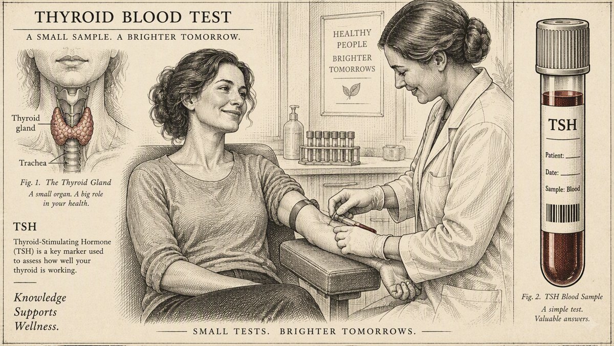 Illustration of a friendly TSH thyroid blood test at a bright modern clinic