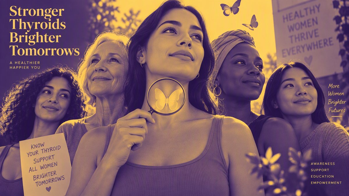 Illustration of diverse women's thyroid health awareness with butterfly motif and neck check