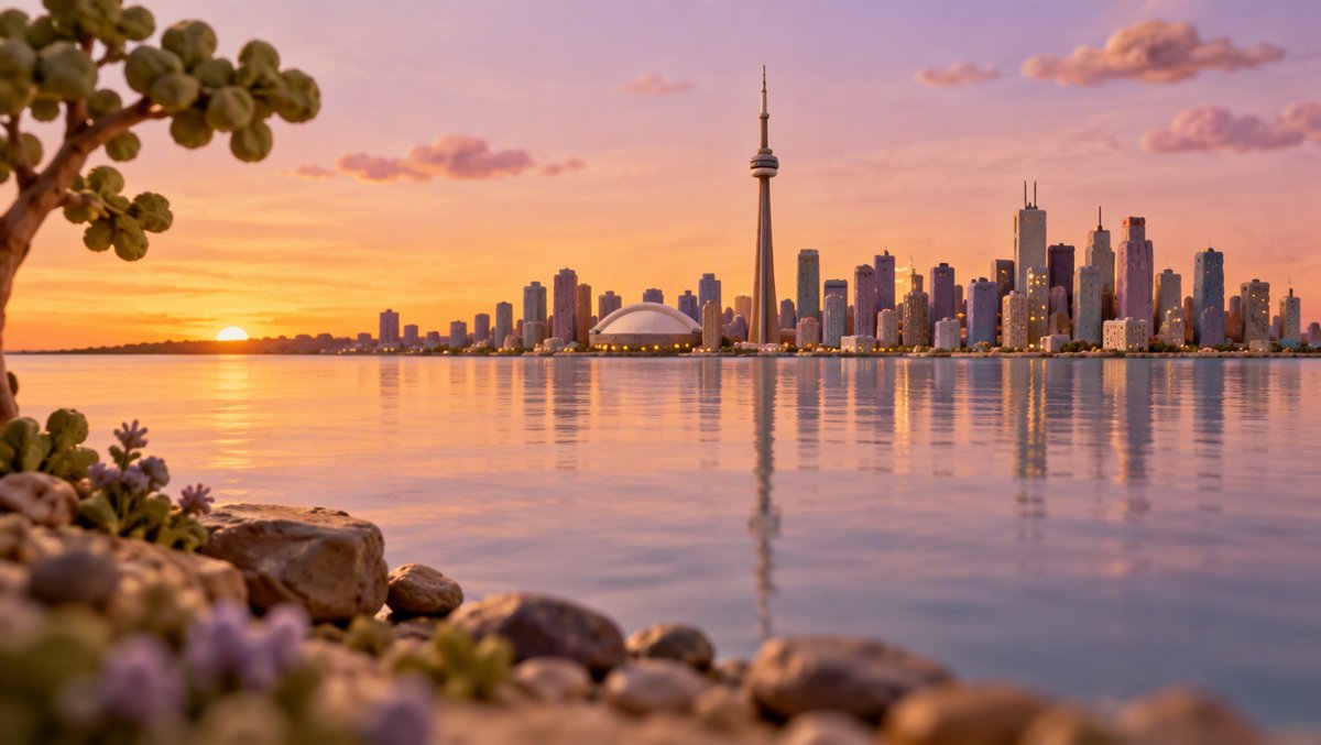 Watercolor of the Toronto skyline at first light seen across Lake Ontario — a thin band of gold on the horizon over still water